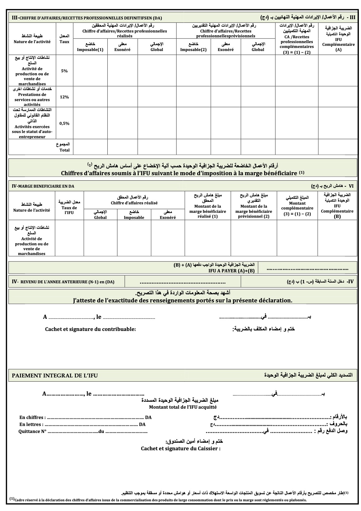 Formulaire G12 BIS : Déclaration définitive du chiffre d’affaires ou des recettes professionnelles en Algérie (Série G N° 12 BIS / 2024)