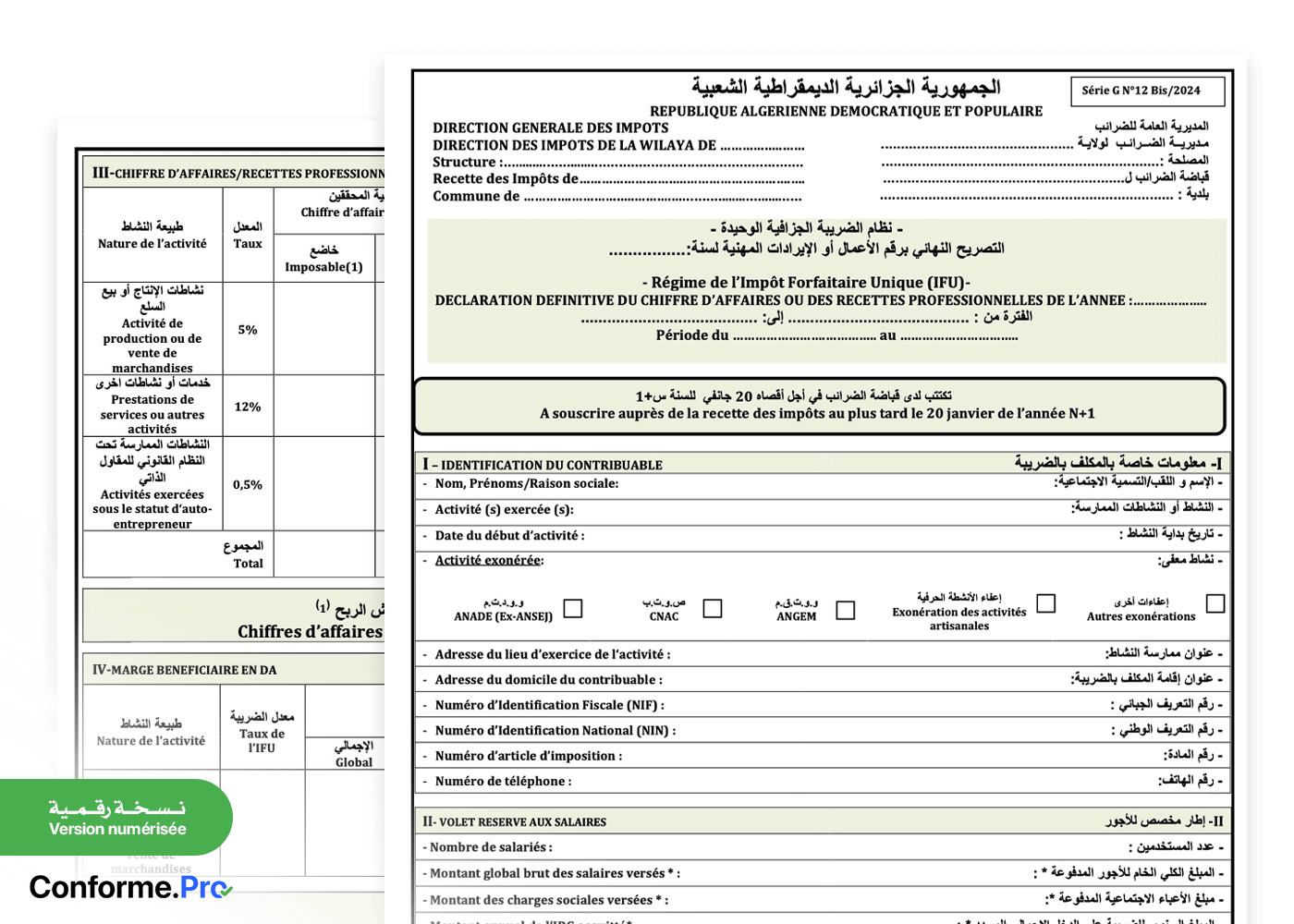 التصريح النهائي برقم الأعمال أوالإيرادات المهنية - Déclaration définitive du chiffre d’affaires ou des recettes professionnelles